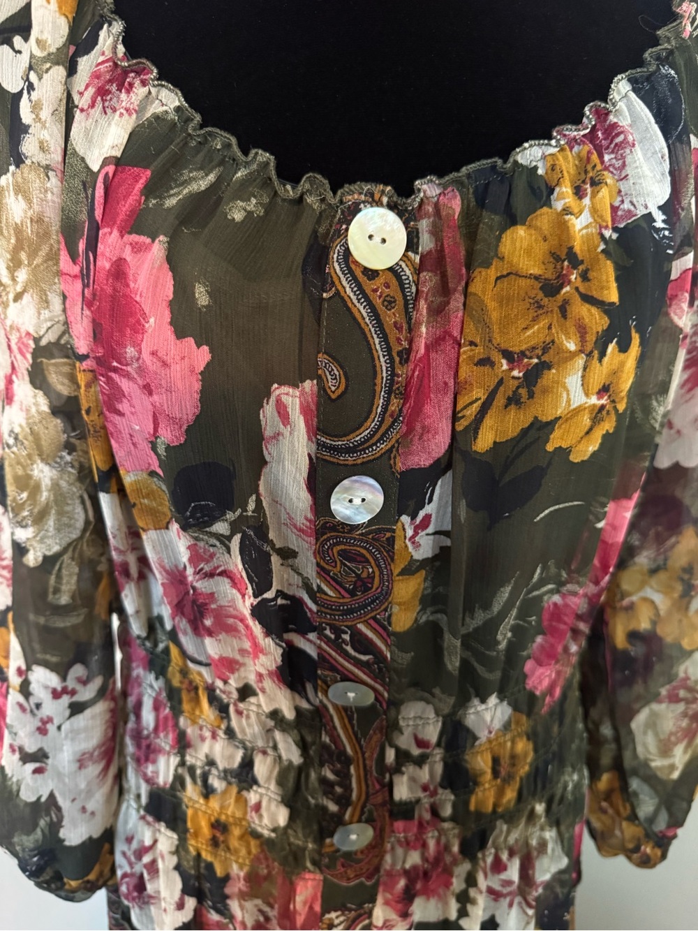 Olive Floral Tiered Maxi Dress with Pink & Yellow Blooms - Picture 4 of 7